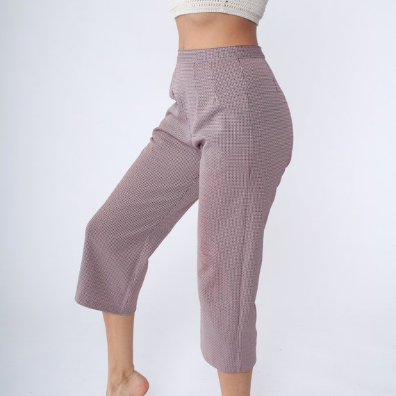 Houndstooth Capris Pants 70s Trousers Cropped Slacks Checkered Print Retro Slacks Red Brown White High Rise Waist Vintage 1970s Medium 30