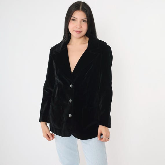 Vintage Black Velvet Blazer 80s Button up Jacket Retro Preppy Tailored Professor Professional Formal Simple V Neck Plain 1980s Medium