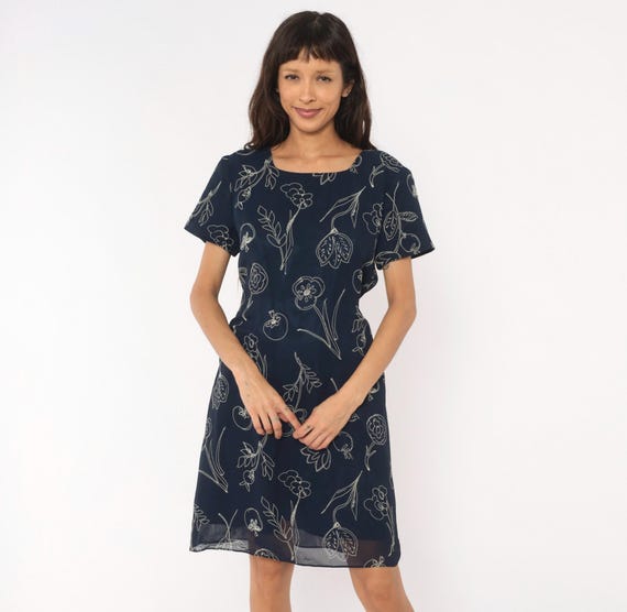 90s Floral Fruit Navy Floral Sketch Dress Talbots Botanical Print White Line Drawing Scoop Neck Fitted Waist Summer Sheath Women Large L