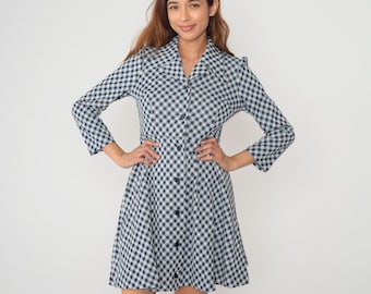 Vestido de cuadros vichy de los años 70, azul, blanco, a cuadros, manga larga, cuello, estilo cottagecore, estilo pradera, estilo preppy, para chica de escuela, para el trabajo, para la oficina, vintage, talla mediana, M