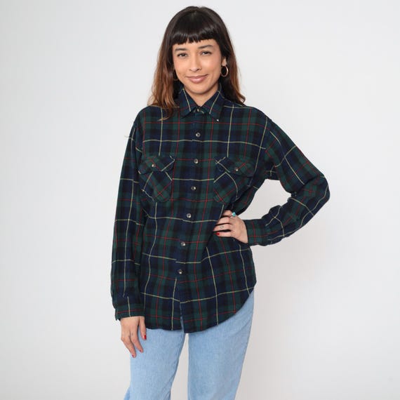 Tartan Wool Flannel 90s Briggs Navy Green Scottish Plaid Button Up Vintage Heritage Style Preppy Dark Academia Medium M