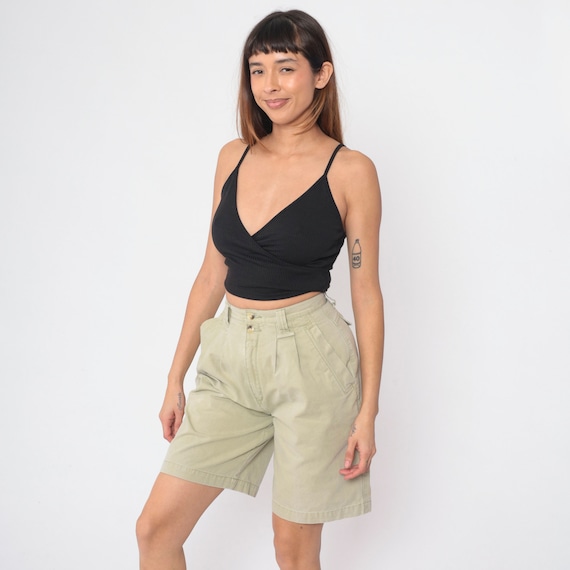 Eddie Bauer Shorts 90s Khaki Mom Shorts Pleated Cotton Safari Shorts High Waisted Rise Mid Length Retro Summer Plain Vintage 1990s Small 26
