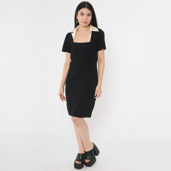 90s Black Mini Dress Wool Blend Sheath Party Dress Vintage Off-White Collar Square Neck Cocktail Evening 1990s Short Sleeve Medium M