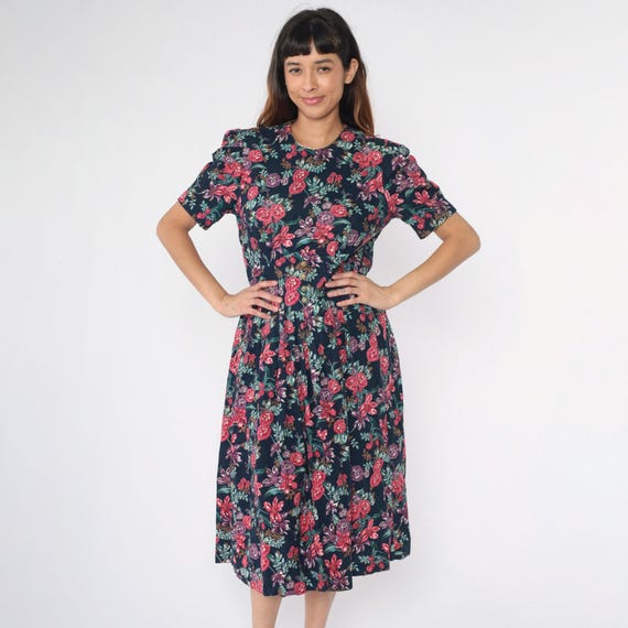 Vintage 80s Navy Floral Dress Midi Puff Sleeve Basque Waist Smocked Back Loose Pleats 1980s Cottagecore Retro Casual Summer Medium Petite
