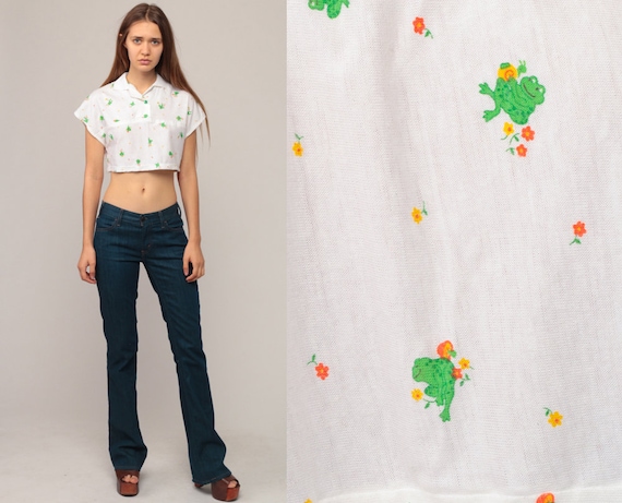 70s Crop Top FROG Shirt Hippie Vintage Boho T Shirt Hipster 1970s Novelty Print Shirt Retro Short Cap Sleeve TShirt Small