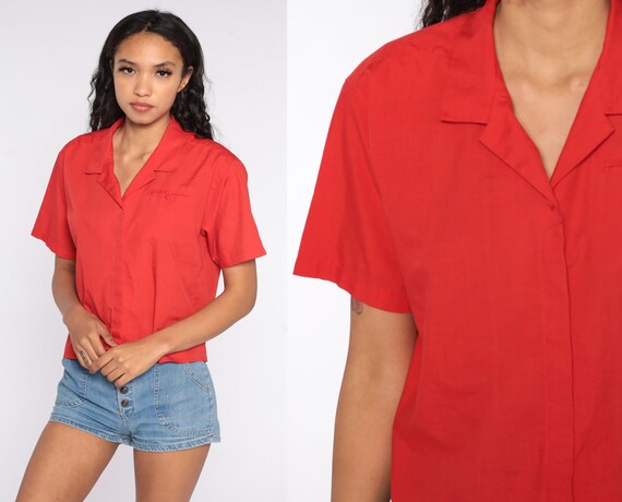 Red BUTTON UP Shirt 80s Blouse Vintage 