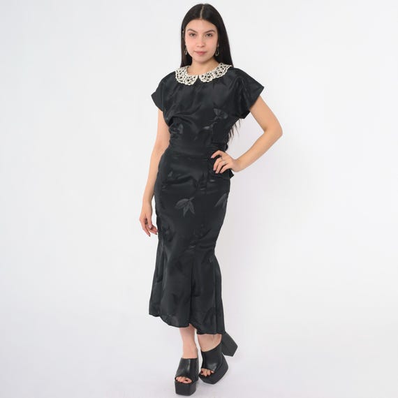 Vintage Black Jacquard Dress 40s Lace Peter Pan Collar Cap Sleeve Tie Back Satin Floral Metal Zip Midi 1940s Gothic Cocktail Party Small S