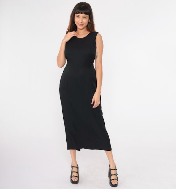 Vintage Black Party Dress 90s Low Scoop Button Back White Bow Formal Cocktail Sheath Plain Sleeveless Evening 1990s Shift Medium