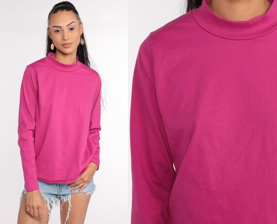 Bright Pink Shirt 90s Mock Neck Top 