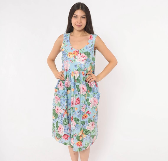 80s Floral Sundress Sky Blue Pink Rose Print Sleeveless Scoop Neck Cotton Garden Party Gathered Waist Knee Length Pocket Frock Medium M