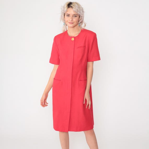 Vintage Red Sheath Dress 90s Button Up Dress Knee Length Midi Shirtdress 1990s Short Sleeve Medium Petite