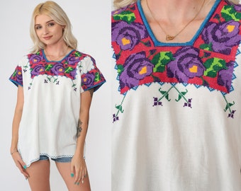 Mexican Floral Blouse 90s White Embroidered Top Peasant Hippie Short Sleeve Tent Shirt Summer Boho Festival Vintage 1990s Large L