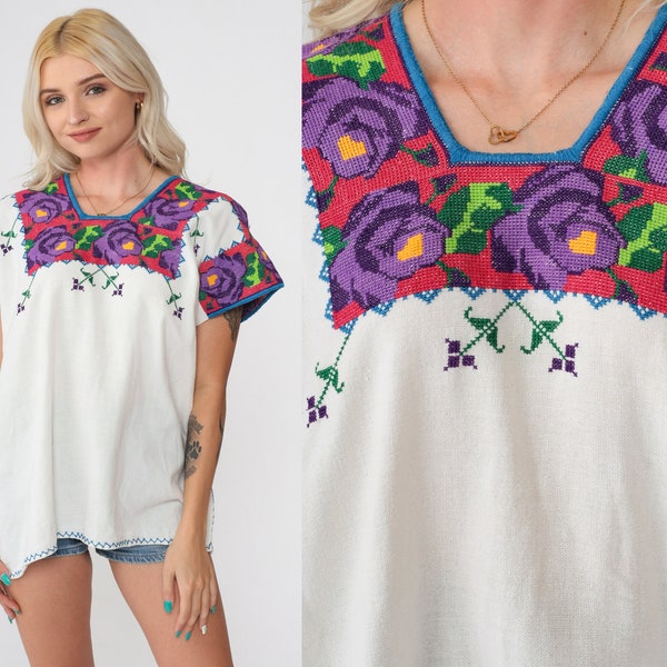 Mexican Floral Blouse 90s White Embroidered Top Peasant Hippie Short Sleeve Tent Shirt Summer Boho Festival Vintage 1990s Large L