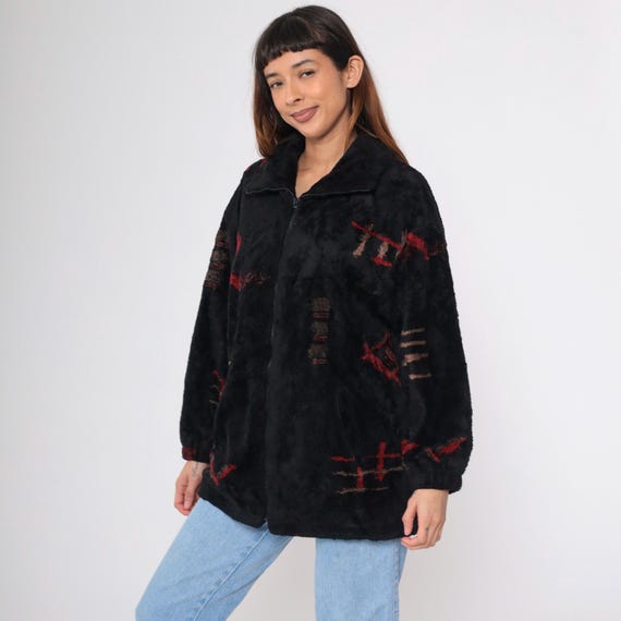 Vintage 90s Fleece Jacket Black Abstract Geometric Print Zip Up Jacket Hipster Sweater Hiking Outerwear 1990s Oversized Extra Small xs