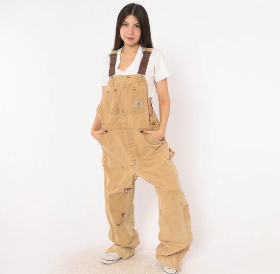 90s Carhartt Overalls Tan Duck Canvas Bib Quilted Lined Workwear Dungarees Baggy Cotton Carpenter Distressed Work Coveralls Cargo Medium M