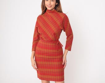 60s Plaid Dress Red Orange Checkered Wool Blend Vintage Belt Tie Front Mod Style Office Work Preppy Fall Winter Career Extra Small XS