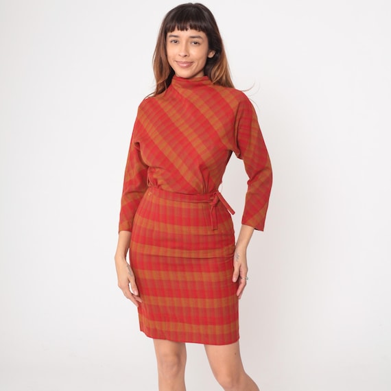 60s Plaid Dress Red Orange Checkered Wool Blend Vintage Belt Tie Front Mod Style Office Work Preppy Fall Winter Career Extra Small XS