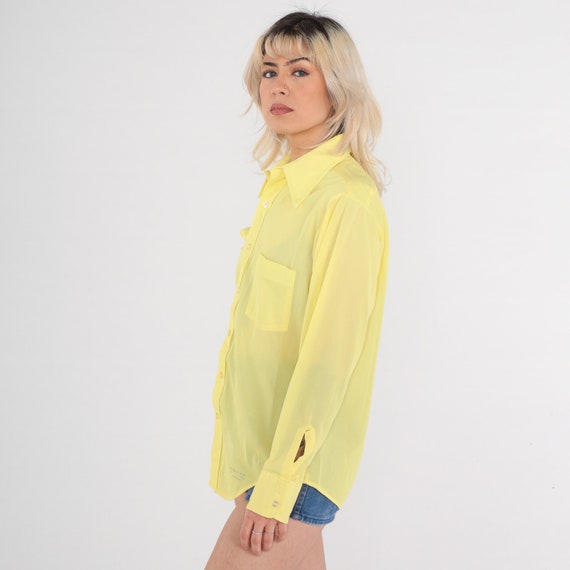 70s Button Up Shirt Sheer Yellow Shirt Button Up … - image 3