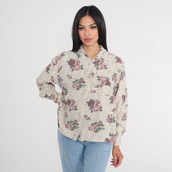 Floral Blouse Y2k Button up Shirt Long Sleeve Collared Top Flower Rose Print Hippie Boho Cotton Linen Blend Vintage 00s Lemon Grass Large L