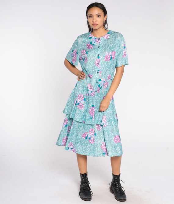 70s Midi Dress Floral Striped Chevron Print Tiered Dress Boho Button Up Short Sleeve Secretary Retro Teal Purple Vintage 80s 2xl xxl 18