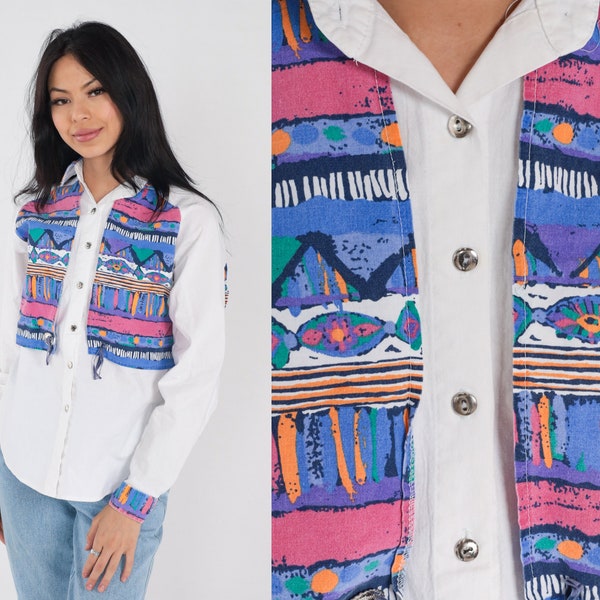 Southwestern Blouse 90s Button Up Collared Western Shirt Layered Yoke Concho Rodeo Long Sleeve White Purple Pink Green Vintage 1990s Medium