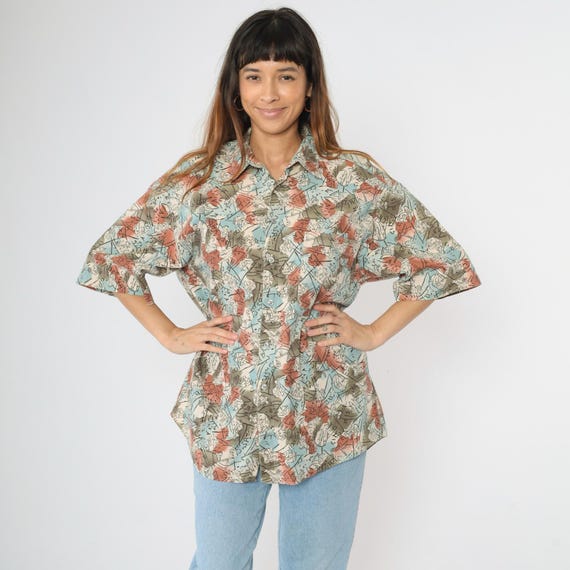 Vintage Zodiac Print Button Up Shirt 90s Abstract Astrology Button Up Olive Green Blue Short Sleeve 1990s Pocket Dockers Men's Large L