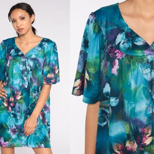90s Tent Dress Blue Watercolor Floral Mini Dress Retro Boho Short Sleeve Lounge Dress Shift Day Summer Vintage 1990s Extra Large xl 2xl xxl