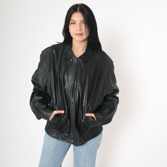 90s Black Leather Jacket Bomber Jacket Zip Up Biker Moto Coat Motorcycle Cafe Racer Sleek Basic Plain Rocker Vintage 1990s Men's Large 42