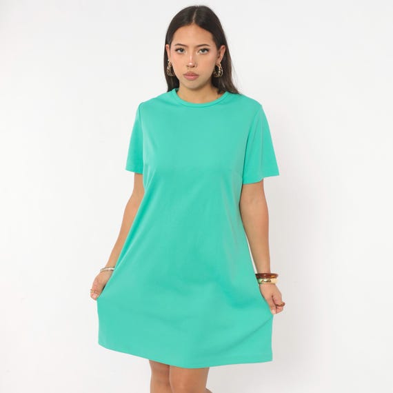 70s Teal Shift Dress Green Short Sleeve  A Line Solid Mod Aqua Simple Minimalist Day Dress Casual Summer Spring Boxy Pullover Vintage Large