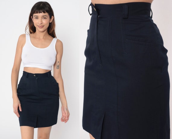 Navy Blue Pencil Skirt 80s Wool Blend Mini Skirt Hip Pocket Retro High Waisted Wiggle Skirt Basic Secretary Skirt Vintage 1980s Small 26