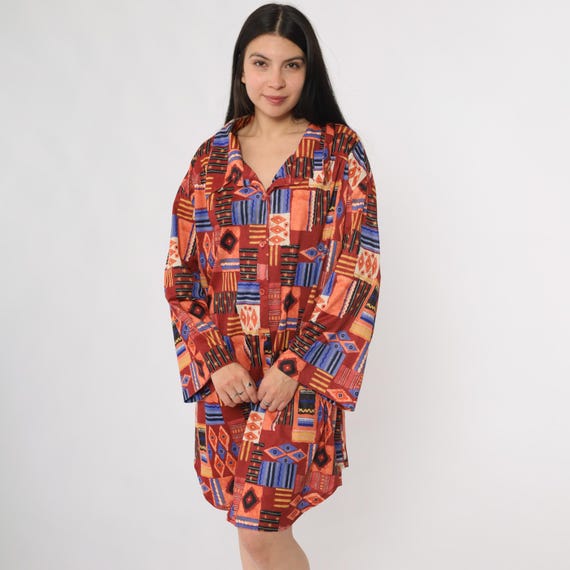 Abstract Shirt Dress 90s Long Sleeve Button Front Mini Vintage Southwestern Aztec Geometric Casual Boho Festival Plus Size 2XL