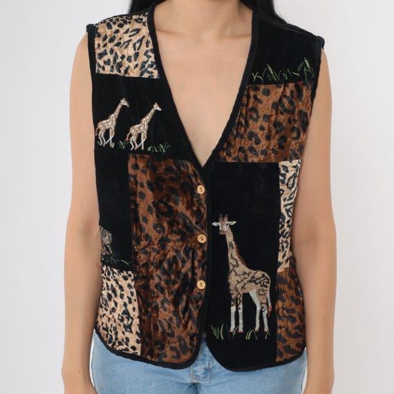 Vintage Animal Print Patchwork Vest Giraffe Embroidery Leopard Print Velvet 90s Jungle Safari Tantrums Boho Vest Large L