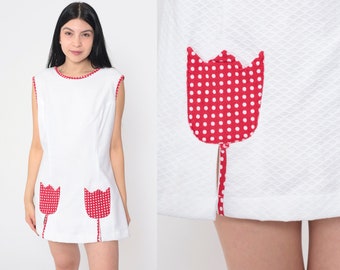 Tulip Pocket Dress 60s Mod Micro Mini Dress White Red Polka Dot Shift Space Age Twiggy Groovy Minidress Sleeveless Vintage 1960s Medium M