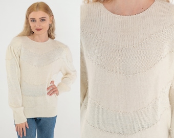 Pearl Beaded Sweater 80s Off White Knit Pullover Sweater Puff Sleeve Jumper Mohair Blend Retro Girly Spring Crewneck Vintage 1980s Medium M