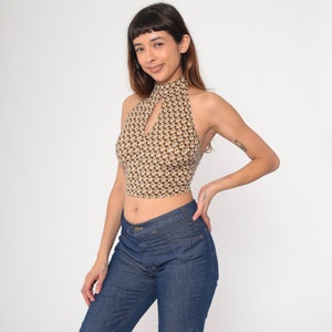 Y2K Halter Top Brown Geometric Print With Spangles Keyhole Cutout