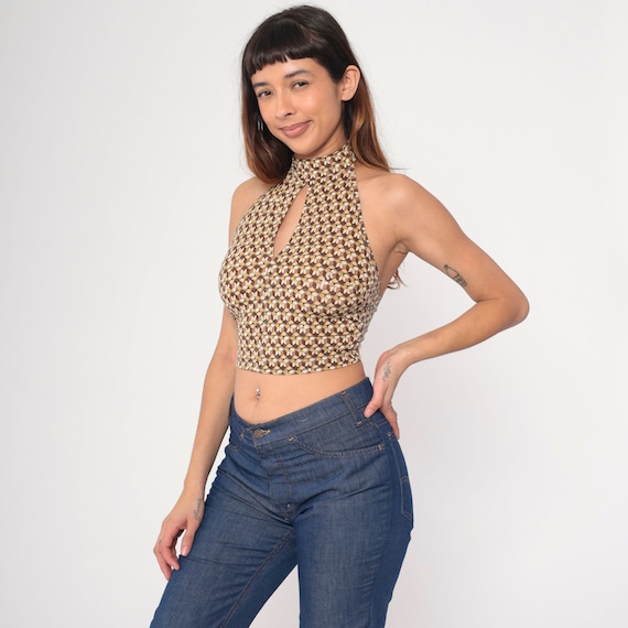 Y2K Halter Top Brown Geometric Print with Spangles Keyhole Cutout Tank Top Tight Crop Top Stretchy Going Out Low Back Shirt 00s Small 6