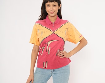 90er Abstrakt Poloshirt Pink Orange Baumwolle Grafik Print Kragen Geometric Art sportlich Golf Tee Bunt gemustert Sommer Top exzentrisch Medium M