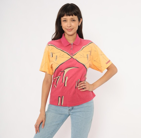 90s Abstract Polo Pink Orange Cotton Graphic Print Collar Geometric Art Sporty Golf Tee Colorful Patterned Summer Top Eccentric Medium M