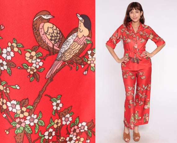70s Red Pheasant Two Piece Set Loungewear Wide Leg Flare Pants Top Asian Floral Bird Cherry Blossom Matching Outfit Summer Sleeve Small S