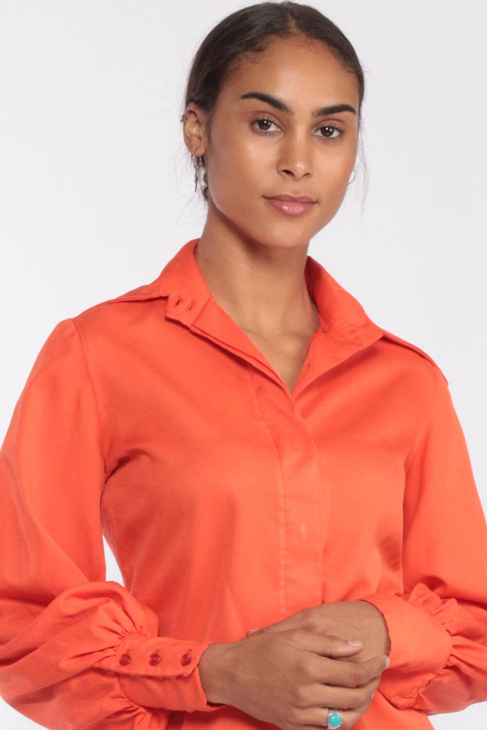 Orange Blouse Button Up Shirt 70s Shirt Hippie Boho 1970s Shirt Disco Top Vintage Collared Puff 