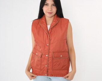 Vintage Rust Ski Vest 80s Retro Puffer Vest Snap Up Plain Chevron Puffy Sleeveless Jacket Winter Vest 1980s Women's Medium M