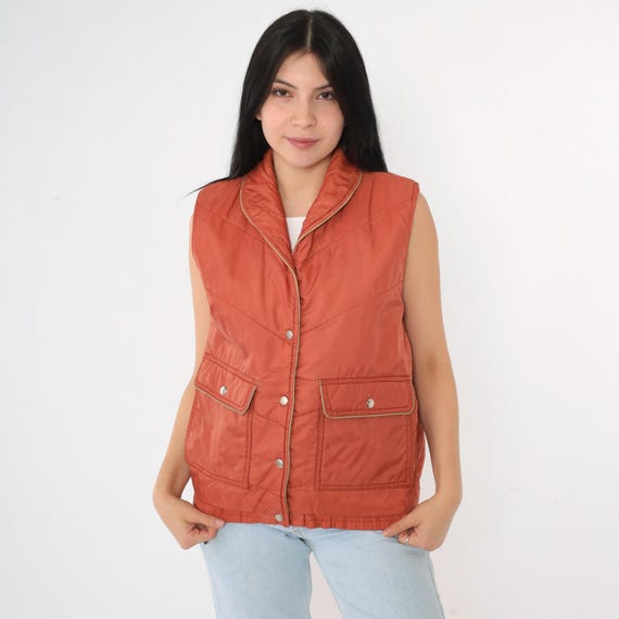 Vintage Rust Ski Vest 80s Retro Puffer Vest Snap Up Plain Chevron Puffy Sleeveless Jacket Winter Vest 1980s Women's Medium M