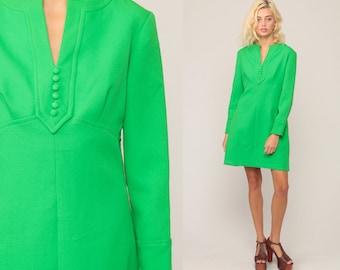 70s Mini Dress Babydoll Bohemian Mod Empire Waist Hippie Long Sleeve Green V Neck Dolly Vintage Space Age MiniDress Baby Doll Large