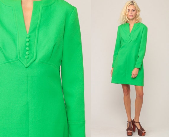70s Mini Dress Babydoll Bohemian Mod Empire Waist Hippie Long Sleeve Green V Neck Dolly Vintage Space Age MiniDress Baby Doll Large