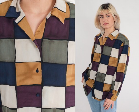 Checkered Blouse 90s Button Up Shirt Retro Square Checkerboard Print Long Sleeve Collared Top Green Blue Tan Purple 1990s Vintage Medium