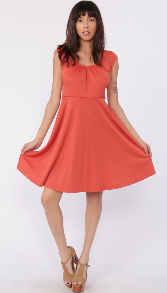 Draped Grecian Dress 70s Mini Party Orange Round Neck Vintage Cap Sleeve Minidress Flared 1970s Grecian Bohemian Retro Small