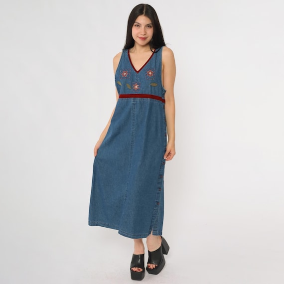 90s Denim Sundress Blue Jean Dress Floral Embroidery Red Velvet Trim Button Side Sleeveless Casual Midi Day Dress Erika & Co Petite Medium