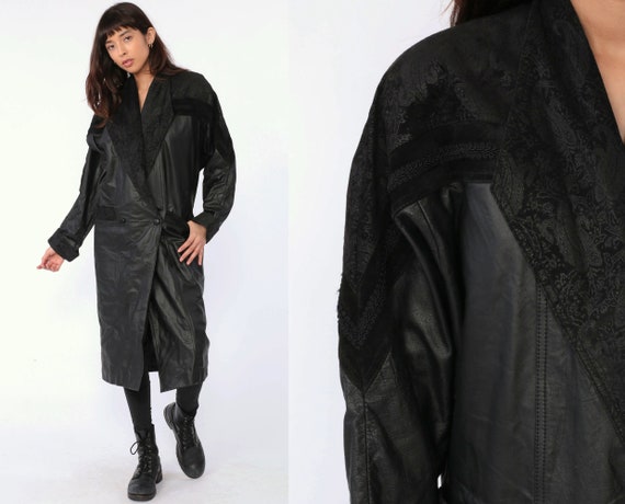 Leather Trench Coat 80s Black Jacket Long Trenchcoat Leather Trench Coat 80s Black
