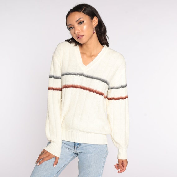 Off-White Sweater Striped V Neck Sweater 70s Brown Grey Freaks and Geeks Long Sleeve 1970s Retro Kennington Pullover Jumper Medium Large