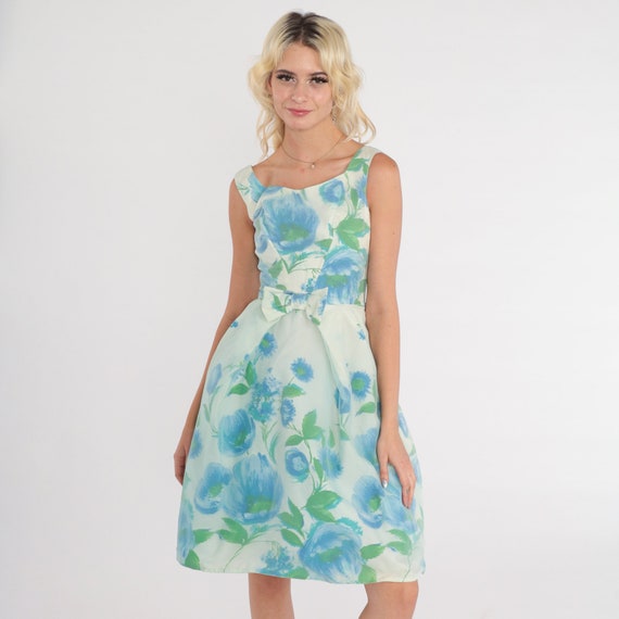60s Party Dress White Floral Mini Dress 1960s Blu… - image 3